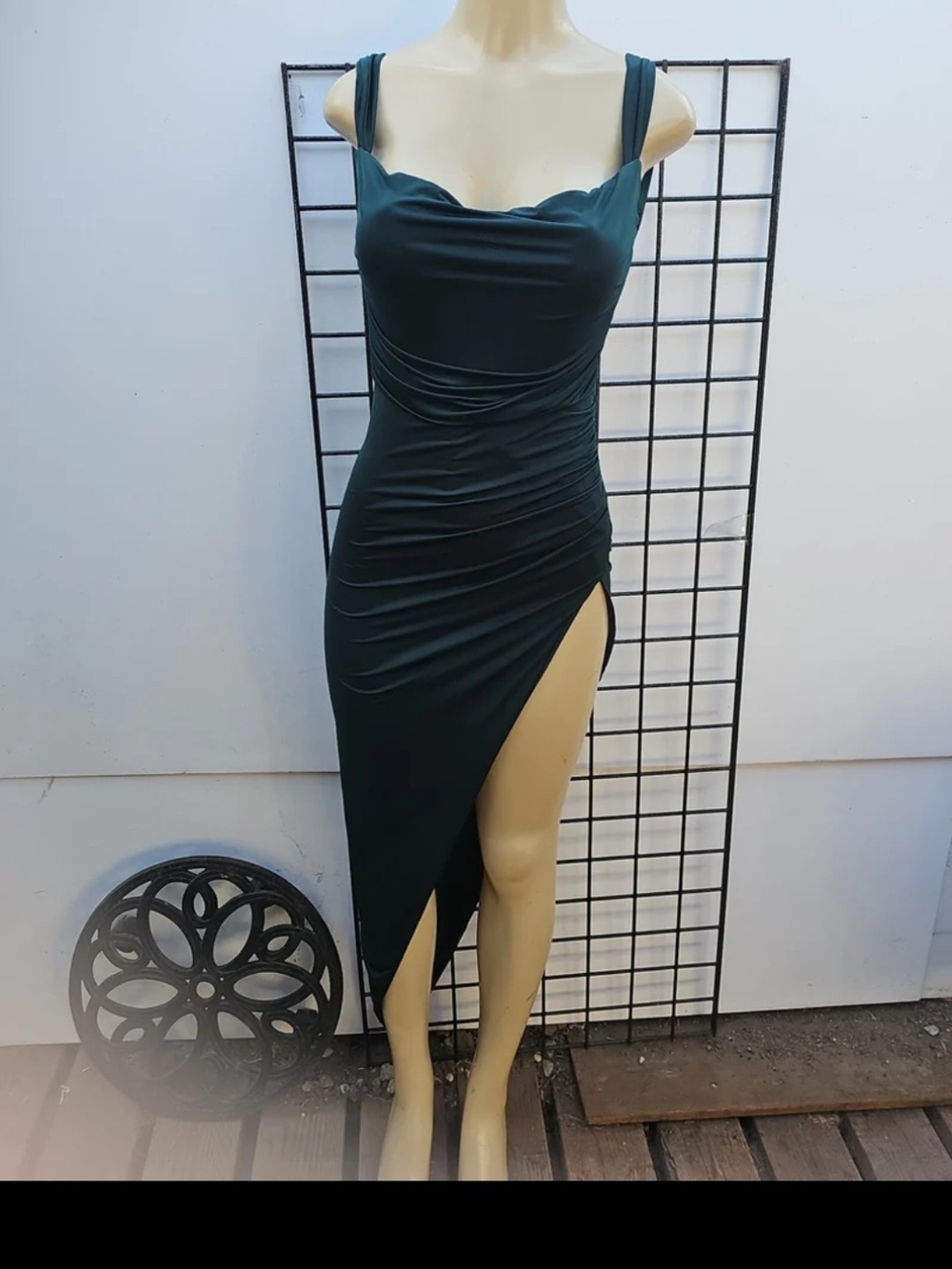 Lucy in the Sky Dark Green Asymmetric Ruched Slip Dress